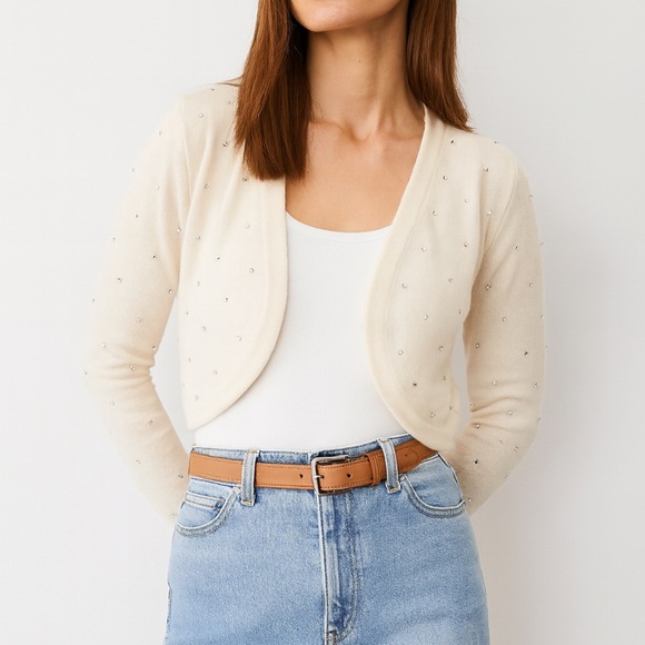 NWT Ann Taylor Cashmere Open Cardigan Shrug Rhinestones Cream $228. Size S - Picture 8 of 8